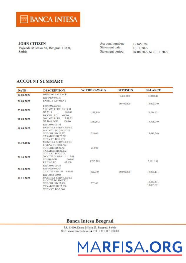 Realistic Serbia Banca Intesa bank statement word download for verification